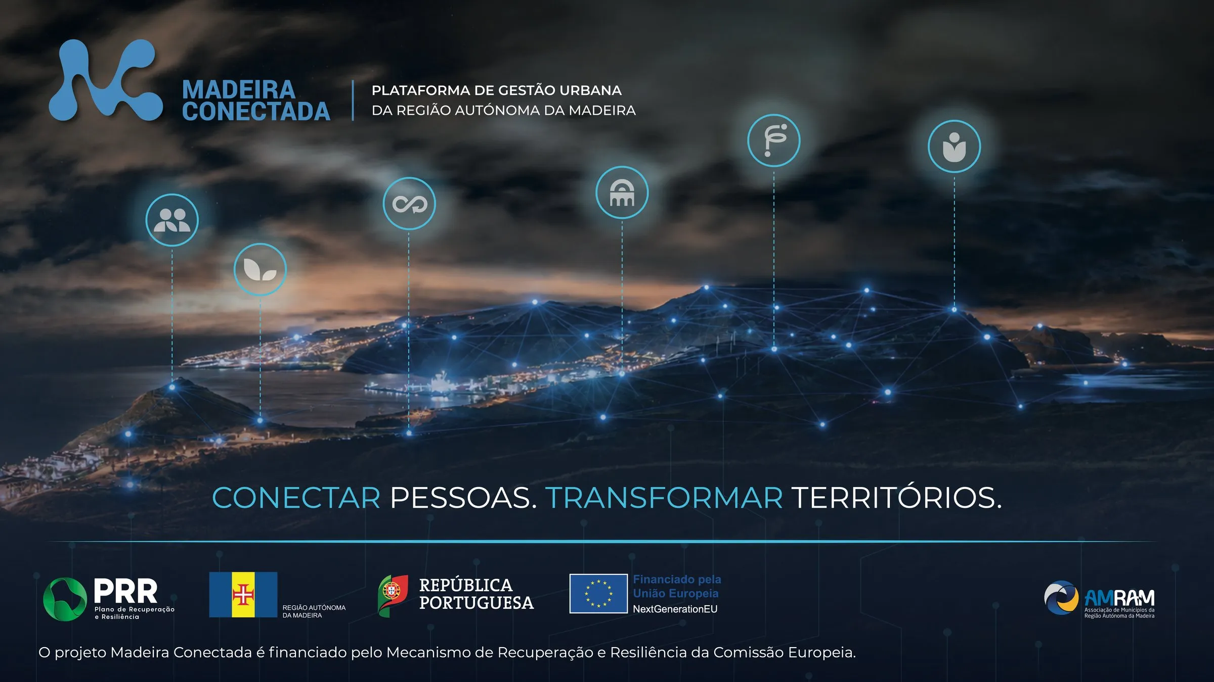 Painel do projeto Madeira Conectada – Plataforma de Gestão Urbana da Região Autónoma da Madeira: vista noturna da ilha da Madeira com uma rede de pontos luminosos ligados entre si e os ícones dos seis domínios, o lema «Conectar pessoas. Transformar territórios.» e os logótipos PRR, Região Autónoma da Madeira, República Portuguesa, Financiado pela União Europeia – NextGenerationEU e AMRAM.